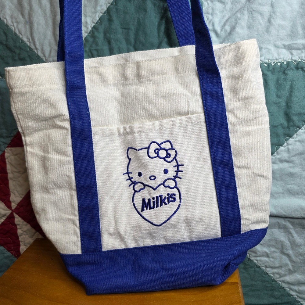 Hello Kitty x Milkis Canvas Tote Bag Blue White Embroidered Sanrio Lotte